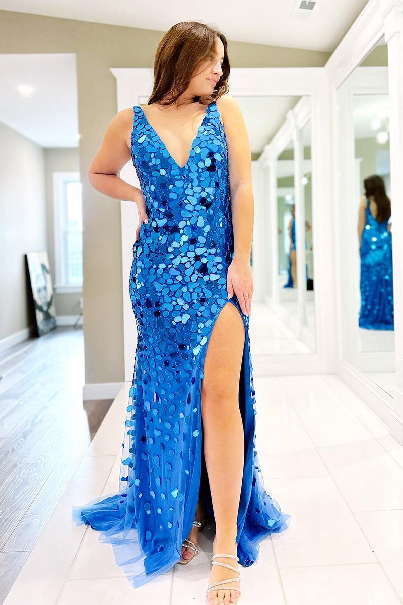 blue mirror dress Cute Royal Mermaid V Neck Mirror-Cut Long Prom With Split Shaped Sequins KissProm Blue - Sheath Size:Custom Size - Free! DTM_nosalesever3/16