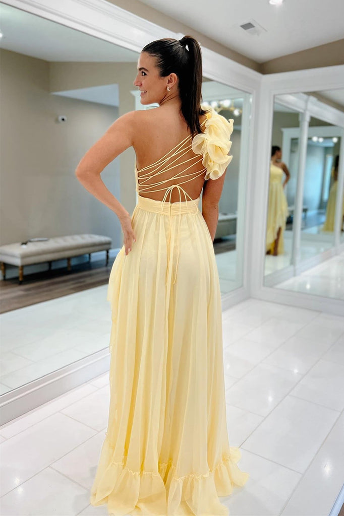 Ishmael | Light Yellow A-line One Shoulder Lace-Up Pleated Ruffle High Anniebride Ishmael | Light Yellow A-line One Shoulder Lace-Up Pleated Ruffle High Anniebride