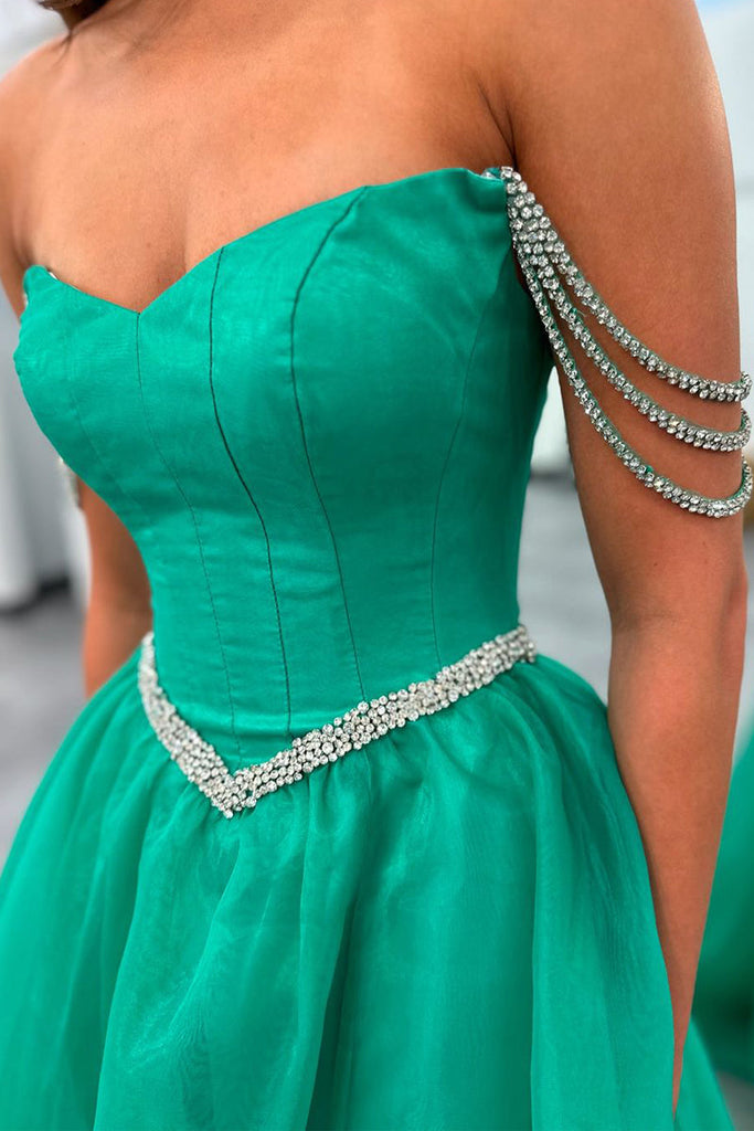 Cute A Line Strapless Green Tulle Beaded Long Prom Dresses with Slit Anniebride Cute A Line Strapless Green Tulle Beaded Long Prom Dresses with Slit Anniebride