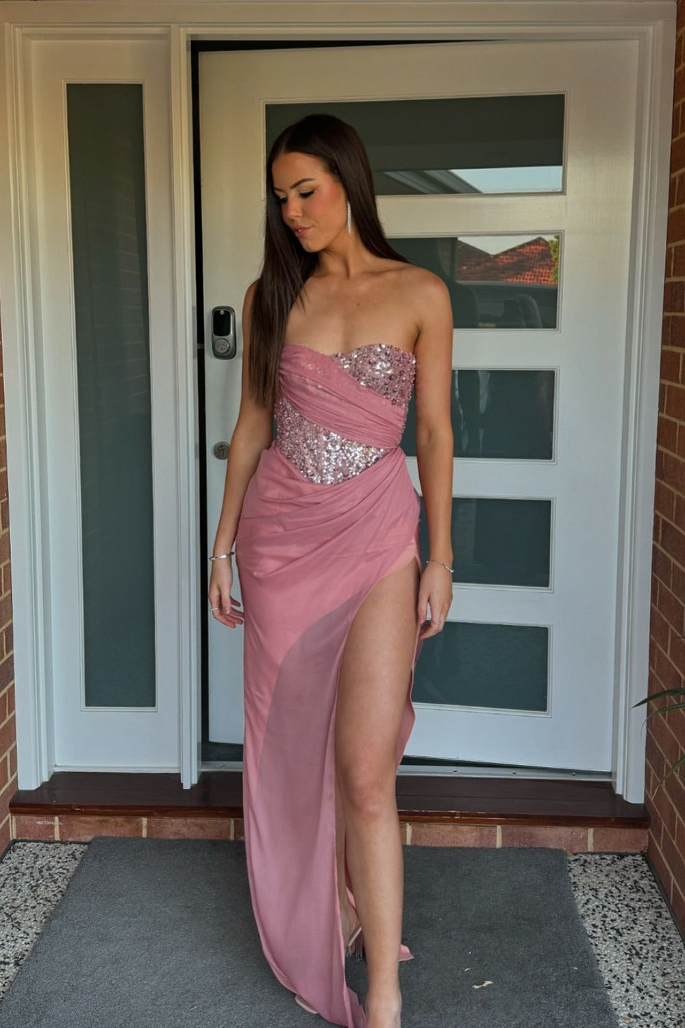Charming Mermaid Strapless Sequin Pink Prom Dress with Split Anniebride Charming Mermaid Strapless Sequin Pink Prom Dress with Split Anniebride