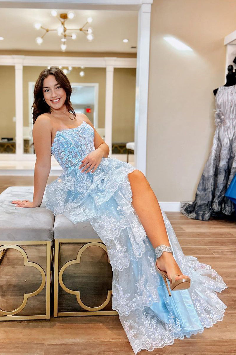 Cute A Line Sky Blue Strapless Ruffle Sequin Lace Prom Dresses