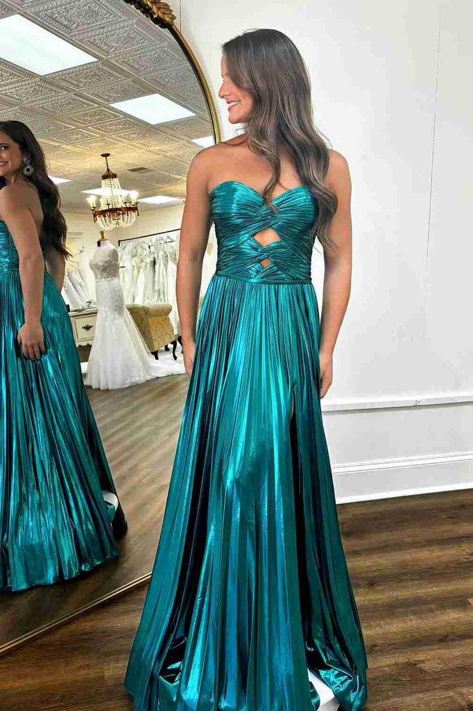 Cute A Line Jade Strapless Pleated Metallic Satin Prom Dresses Anniebride Cute A Line Jade Strapless Pleated Metallic Satin Prom Dresses Anniebride