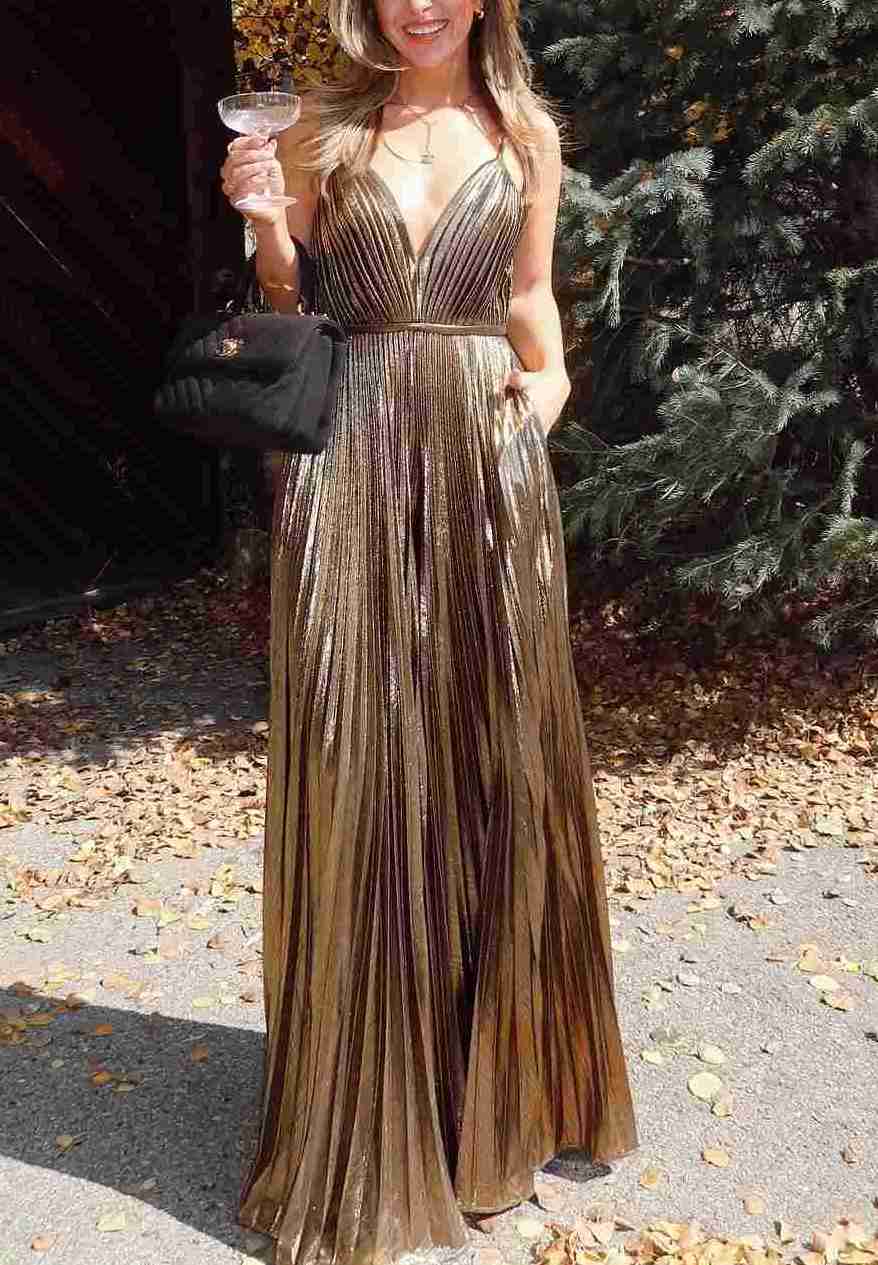 Chic A Line V Neck Gold Metallic Satin Long Prom Dresses Anniebride Chic A Line V Neck Gold Metallic Satin Long Prom Dresses Anniebride