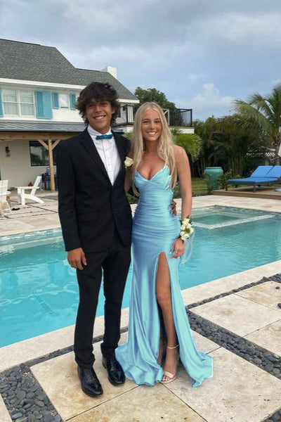 Charming Mermaid V Neck Blue Satin Prom Dress with Slit AB24121411