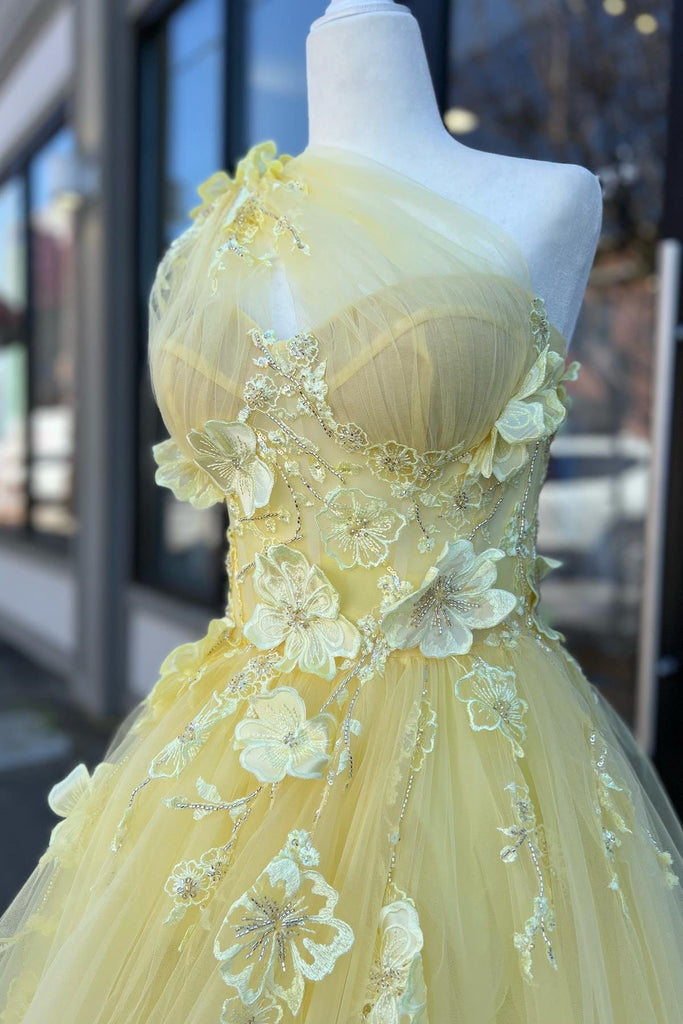 Cute Ball Gown One Shoulder Daffodial Tulle Prom Dresses with 3D Appliques