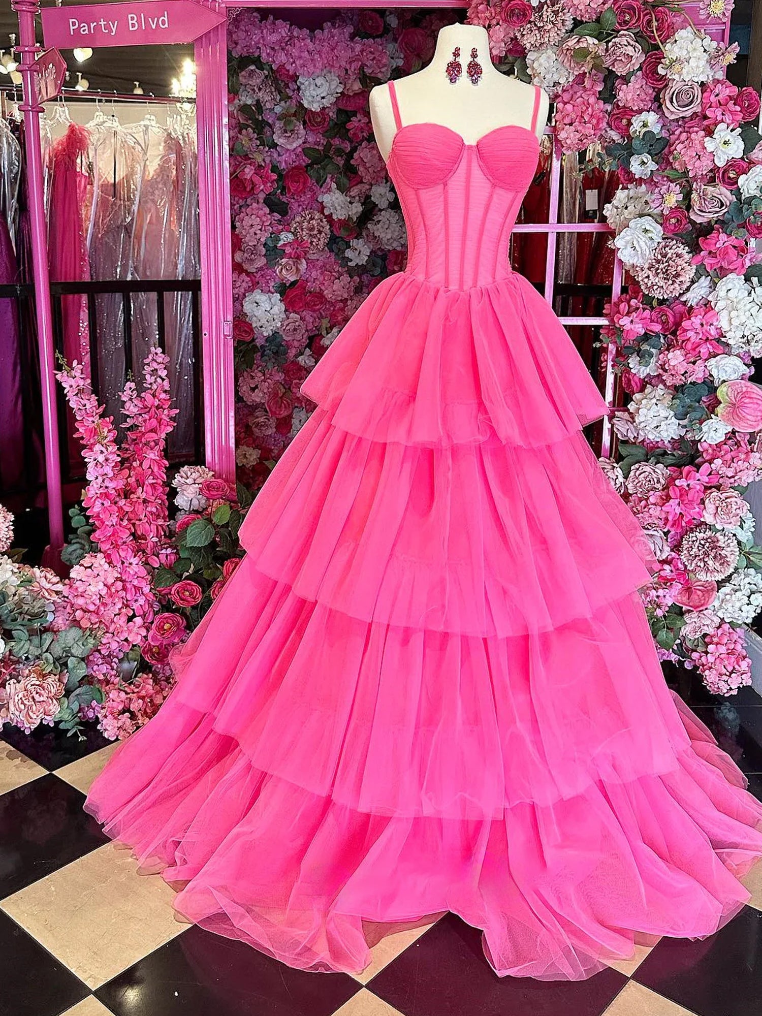 Cute A Line Sweetheart Hot Pink Tiered Tulle Long Prom Dress Anniebride Cute A Line Sweetheart Hot Pink Tiered Tulle Long Prom Dress Anniebride