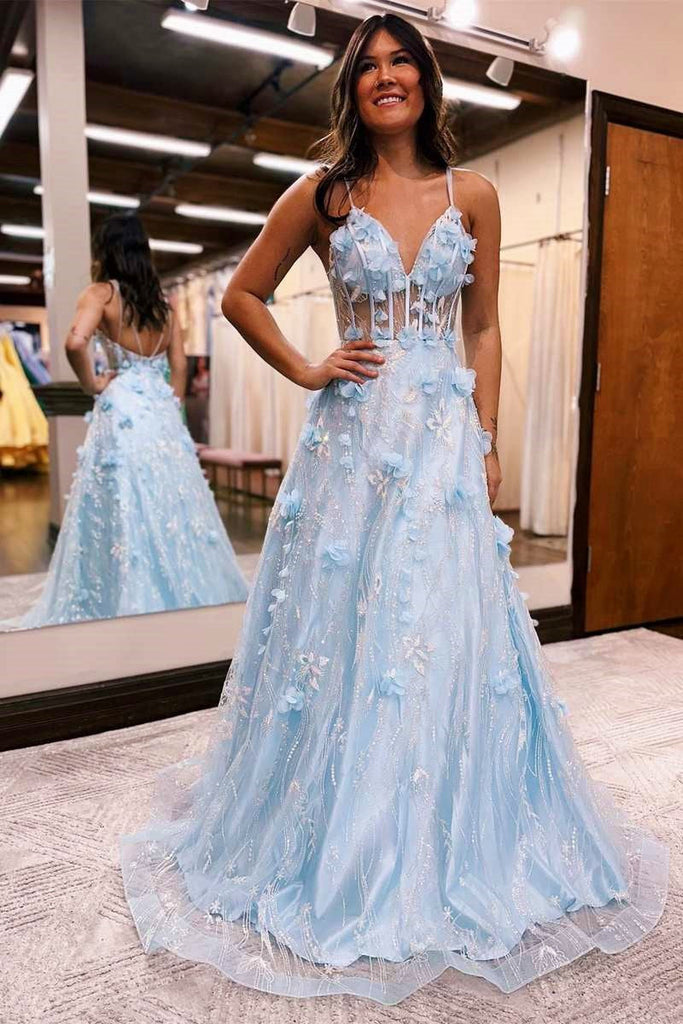 Cute A Line V Neck Light Blue 3D Flower Lace Tulle Long Prom Dress Anniebride Cute A Line V Neck Light Blue 3D Flower Lace Tulle Long Prom Dress Anniebride