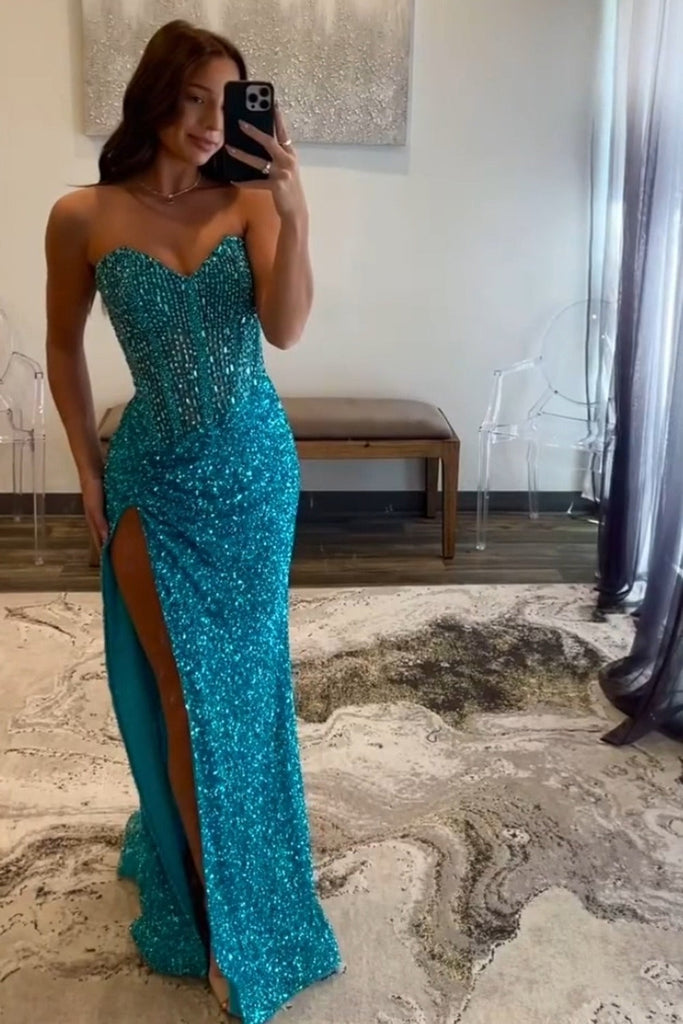 Charming Mermaid Sweetheart Sequins Slit Prom Dress With Beading AB260 – Anniebride