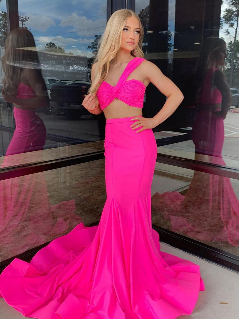 pink satin two piece dress Two Piece Prom Dresses Lace Crop Satin Slit