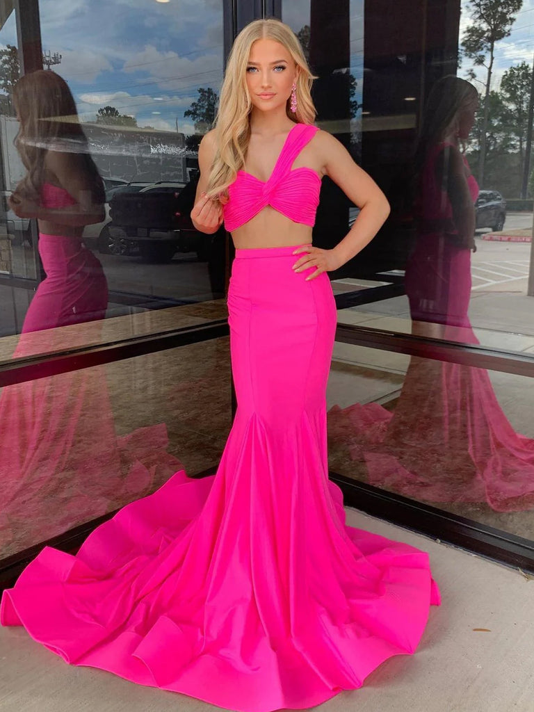 Cute Mermaid One Shoulder Hot Pink Satin Two Piece Prom Dress Cute Mermaid One Shoulder Hot Pink Satin Two Piece Prom Dress