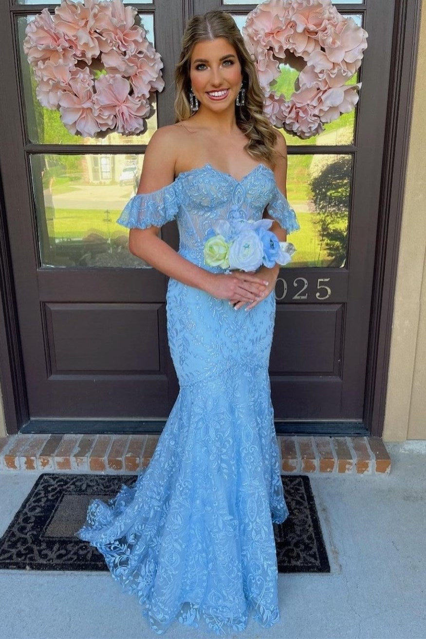 Cute Mermaid Off-the-Shoulder Blue Lace Long Prom Dress Anniebride Cute Mermaid Off-the-Shoulder Blue Lace Long Prom Dress Anniebride
