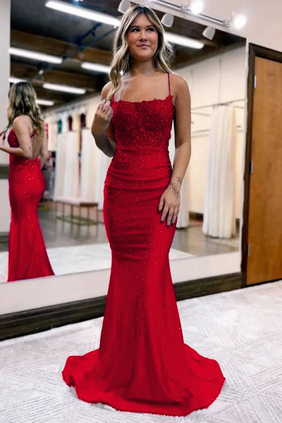 Charming Mermaid Scoop Neck Dark Green Satin Long Prom Dresses with Beading AB121103