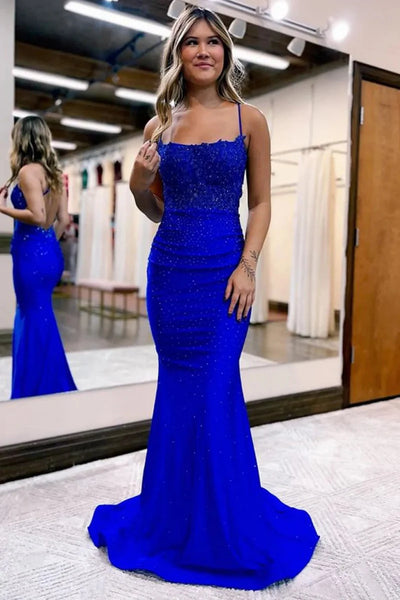Charming Mermaid Scoop Neck Dark Green Satin Long Prom Dresses with Beading AB121103