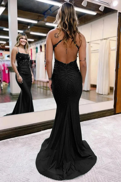 Charming Mermaid Scoop Neck Dark Green Satin Long Prom Dresses with Beading AB121103