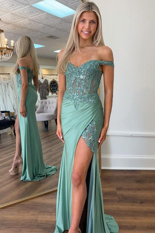 Charming Mermaid Green Off the Shoulder Appliqued Prom Dress With Slit