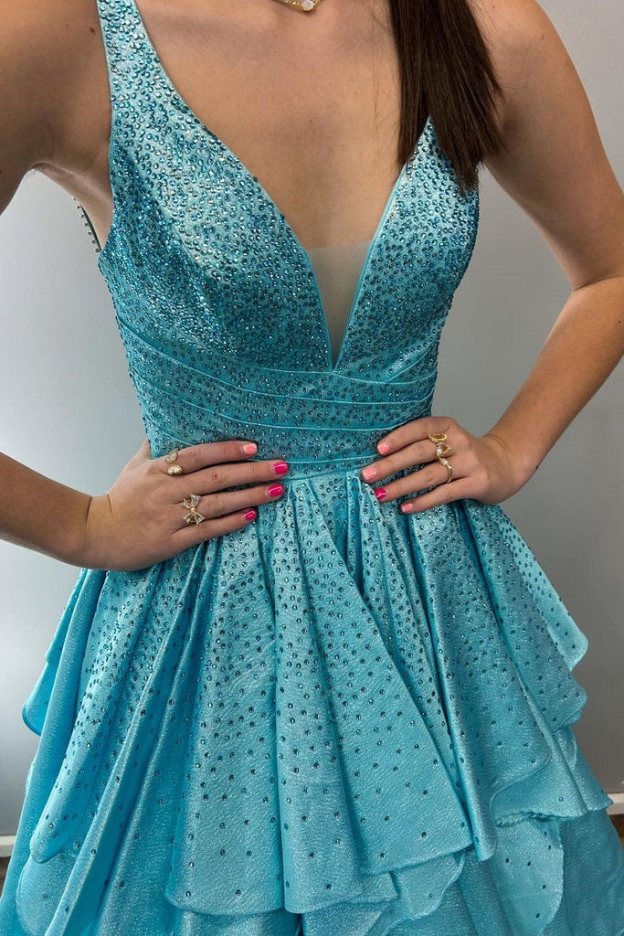 Cute A Line V Neck Aqua Blue Organza Ruffle Long Prom Dresses Anniebride Cute A Line V Neck Aqua Blue Organza Ruffle Long Prom Dresses Anniebride