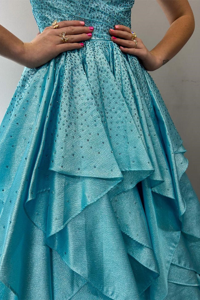Cute A Line V Neck Aqua Blue Organza Ruffle Long Prom Dresses Anniebride Cute A Line V Neck Aqua Blue Organza Ruffle Long Prom Dresses Anniebride