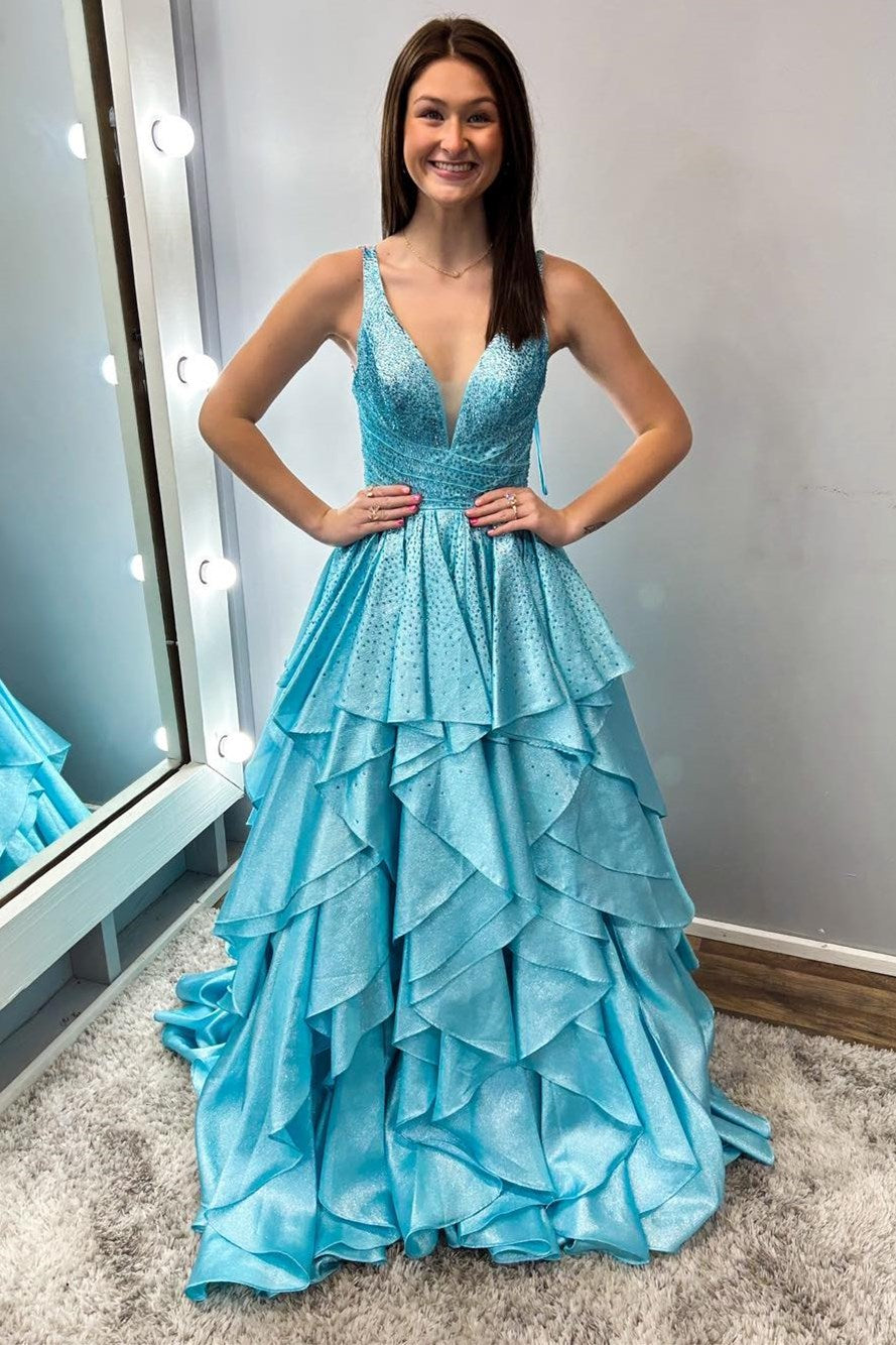 Cute A Line V Neck Aqua Blue Organza Ruffle Long Prom Dresses Anniebride Cute A Line V Neck Aqua Blue Organza Ruffle Long Prom Dresses Anniebride
