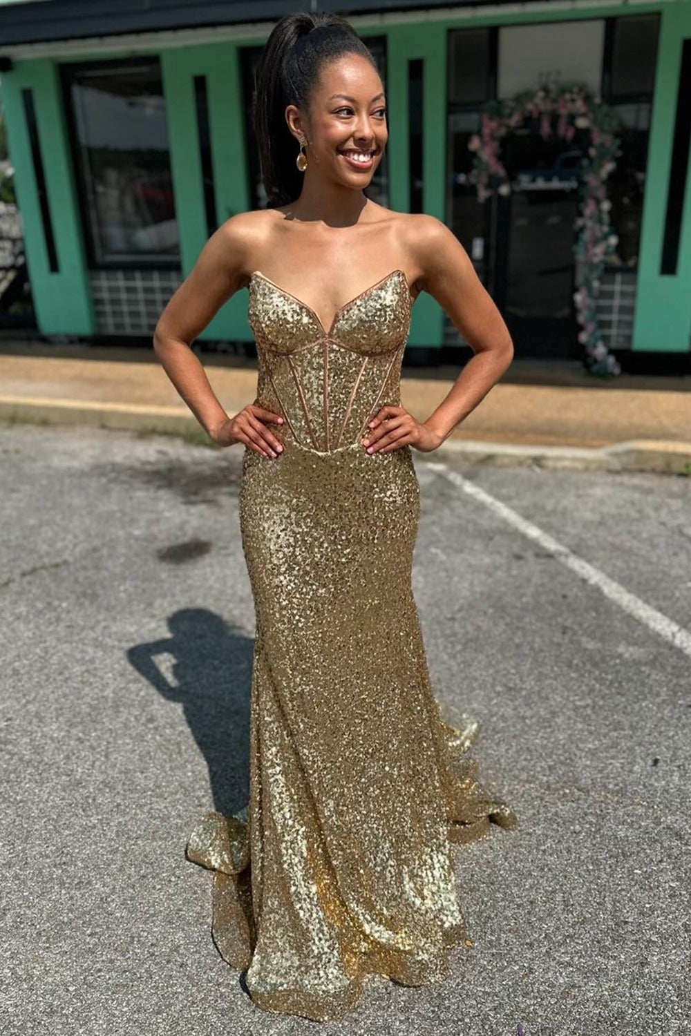 gold mermaid sweetheart prom dress Red Mermaid Sweetheart Neck Sequins Long Prom Dresses, Golden / 16