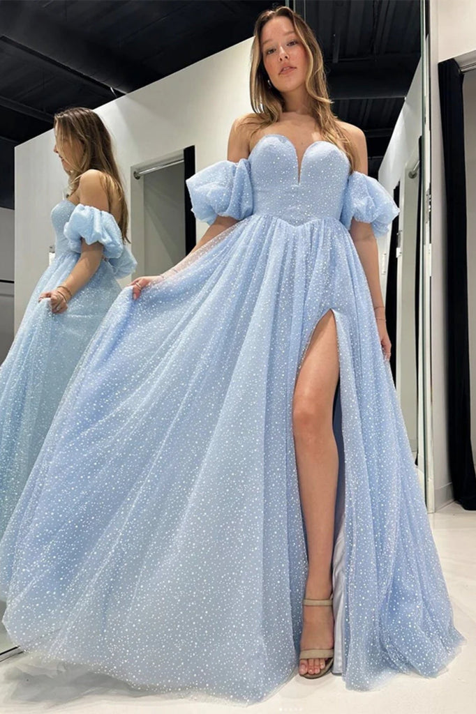 Cute A Line Sweetheart Light Blue Tulle Prom Dress with Split Anniebride Cute A Line Sweetheart Light Blue Tulle Prom Dress with Split Anniebride