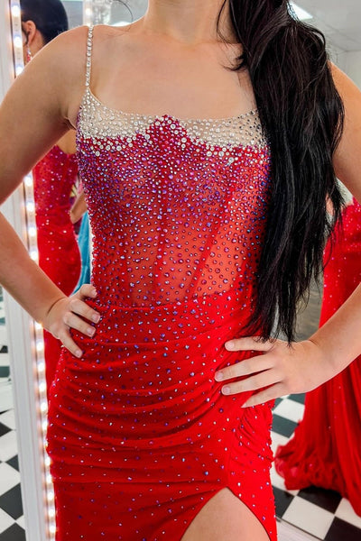 Charming Spaghetti Straps Dark Green Beaded Mermaid Prom Dress with Slit