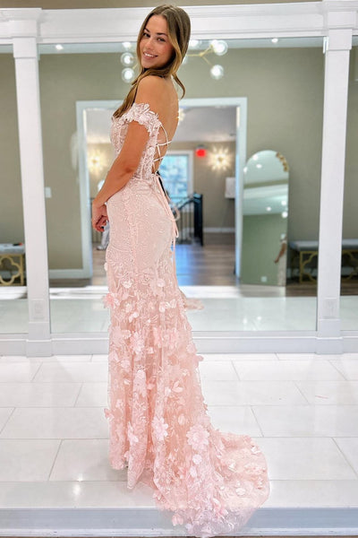 Charming Mermaid Off The Shoulder Floral Lace Long Prom Dresses with Split