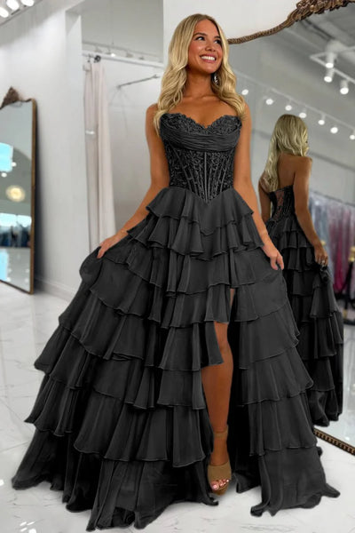 Gorgeous A Line Sweetheart Red Chiffon Tiered Prom Dress with Appliques AB25120401