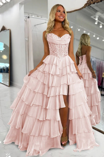 Gorgeous A Line Sweetheart Red Chiffon Tiered Prom Dress with Appliques AB25120401