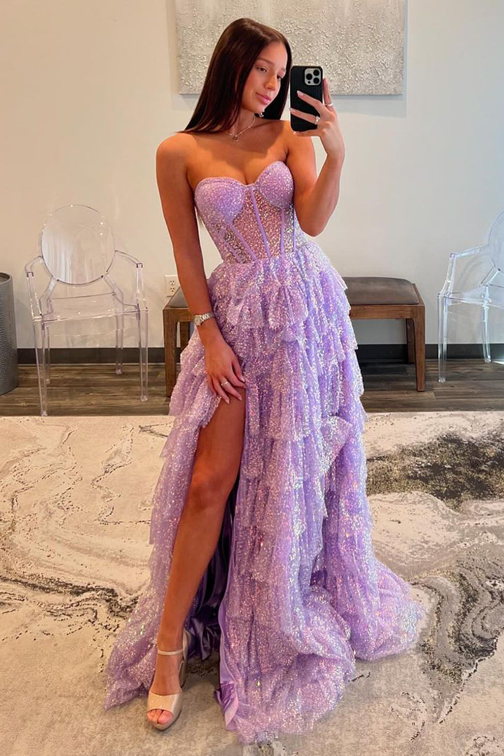 Cute Lavender A-Line Sweetheart Tiered Sequins Prom Dresses With Split Anniebride Cute Lavender A-Line Sweetheart Tiered Sequins Prom Dresses With Split Anniebride