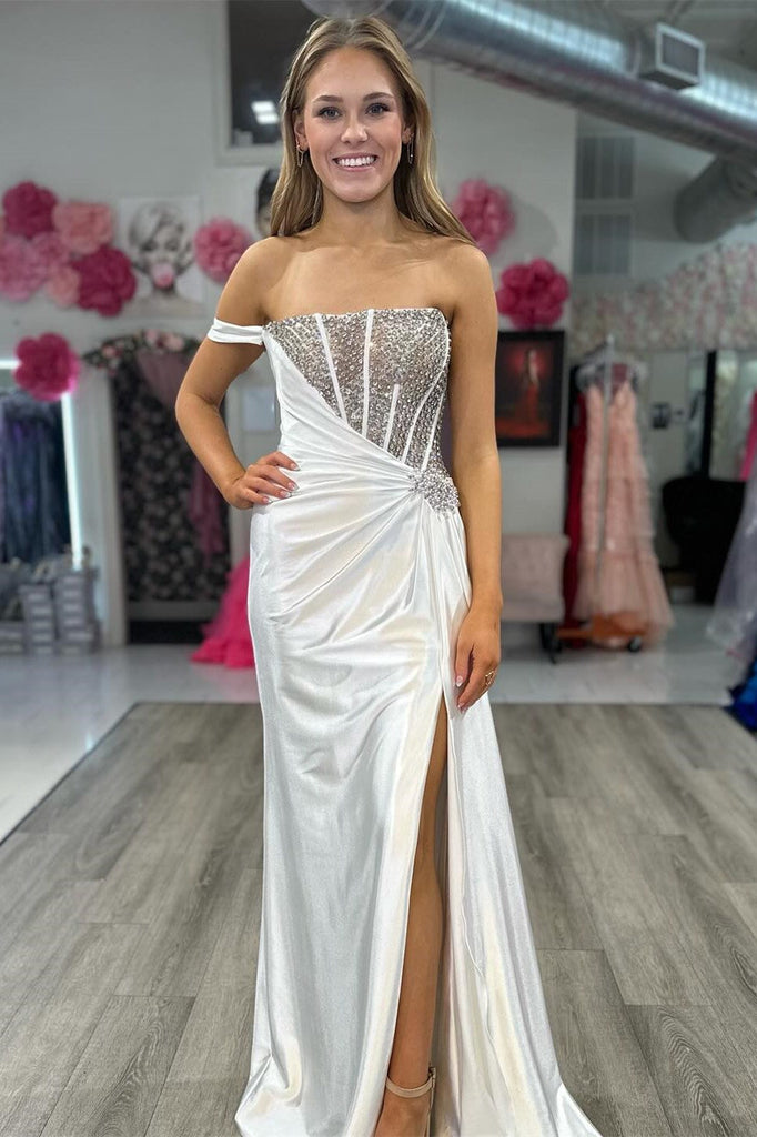 Gorgeous Mermaid Strapless White Satin Beaded Long Formal Prom Dresses Anniebride Gorgeous Mermaid Strapless White Satin Beaded Long Formal Prom Dresses Anniebride