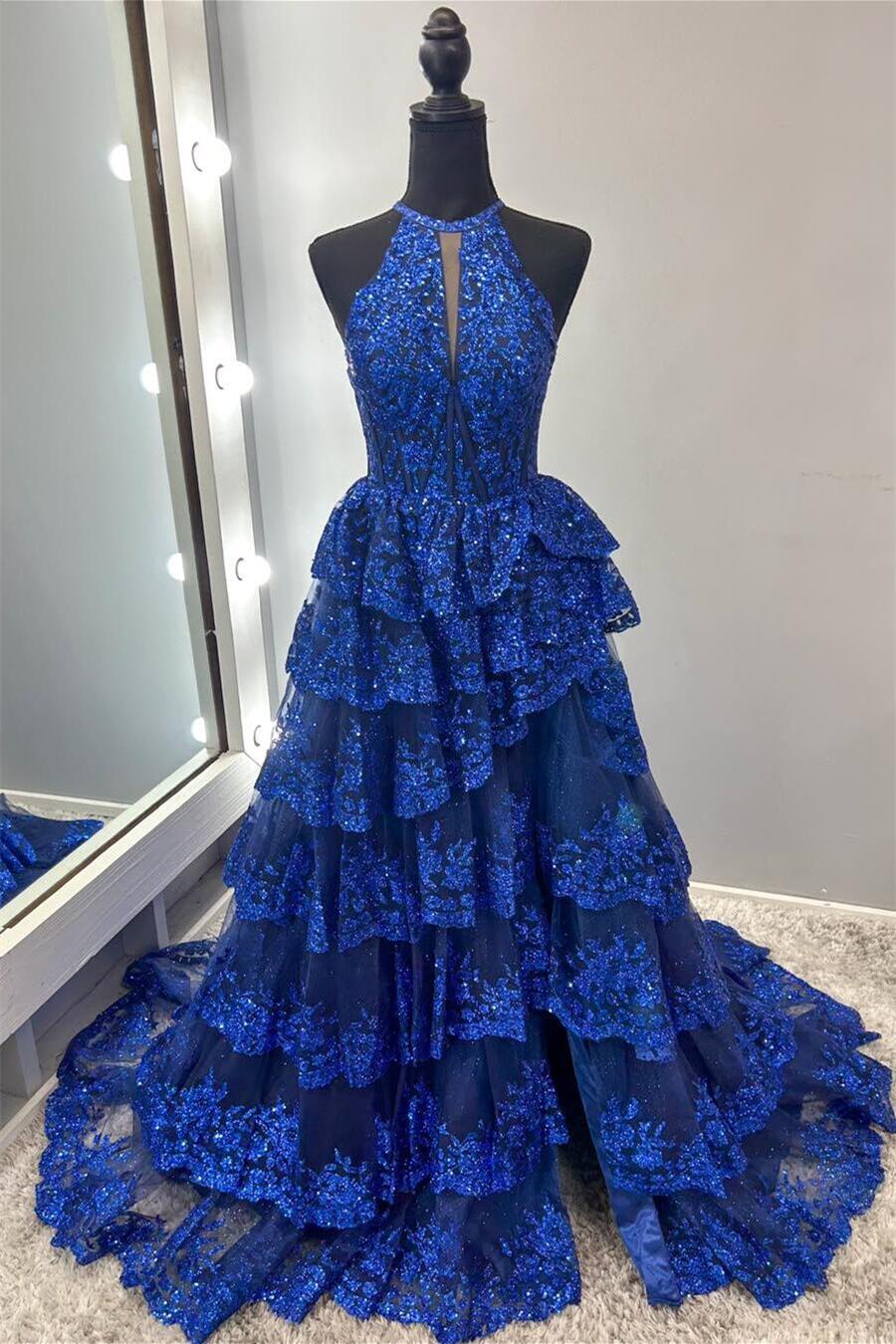 Cute A Line High Neck Royal Blue Tiered Prom Dresses – Anniebride