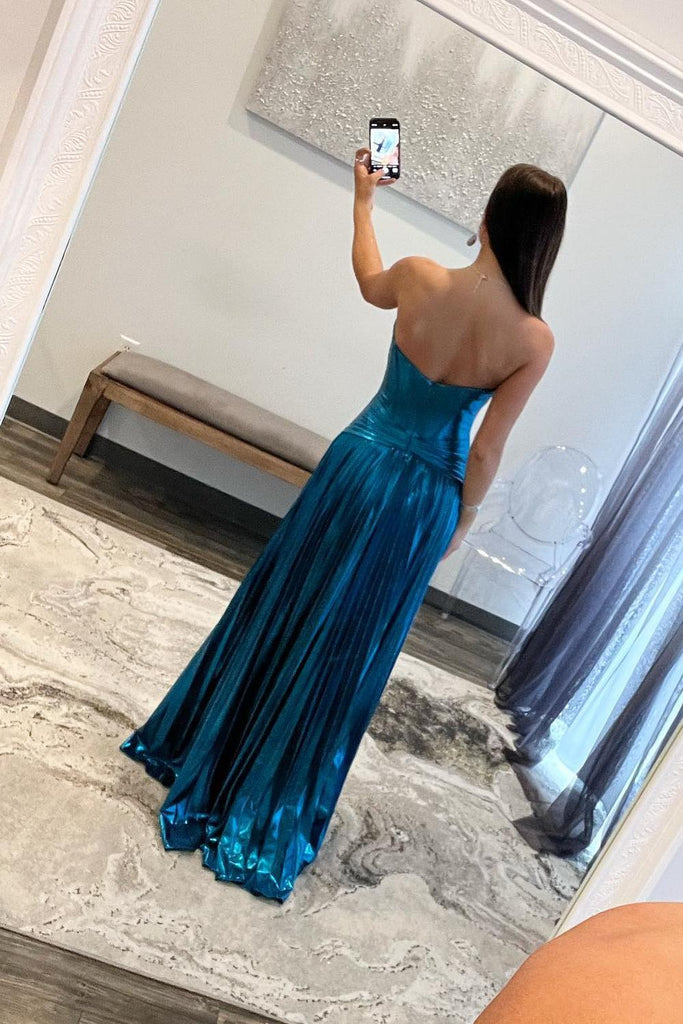 Charming Turquoise Sweetheart Metallic Pleated Long Prom Dress With Sl Anniebride Charming Turquoise Sweetheart Metallic Pleated Long Prom Dress With Sl Anniebride