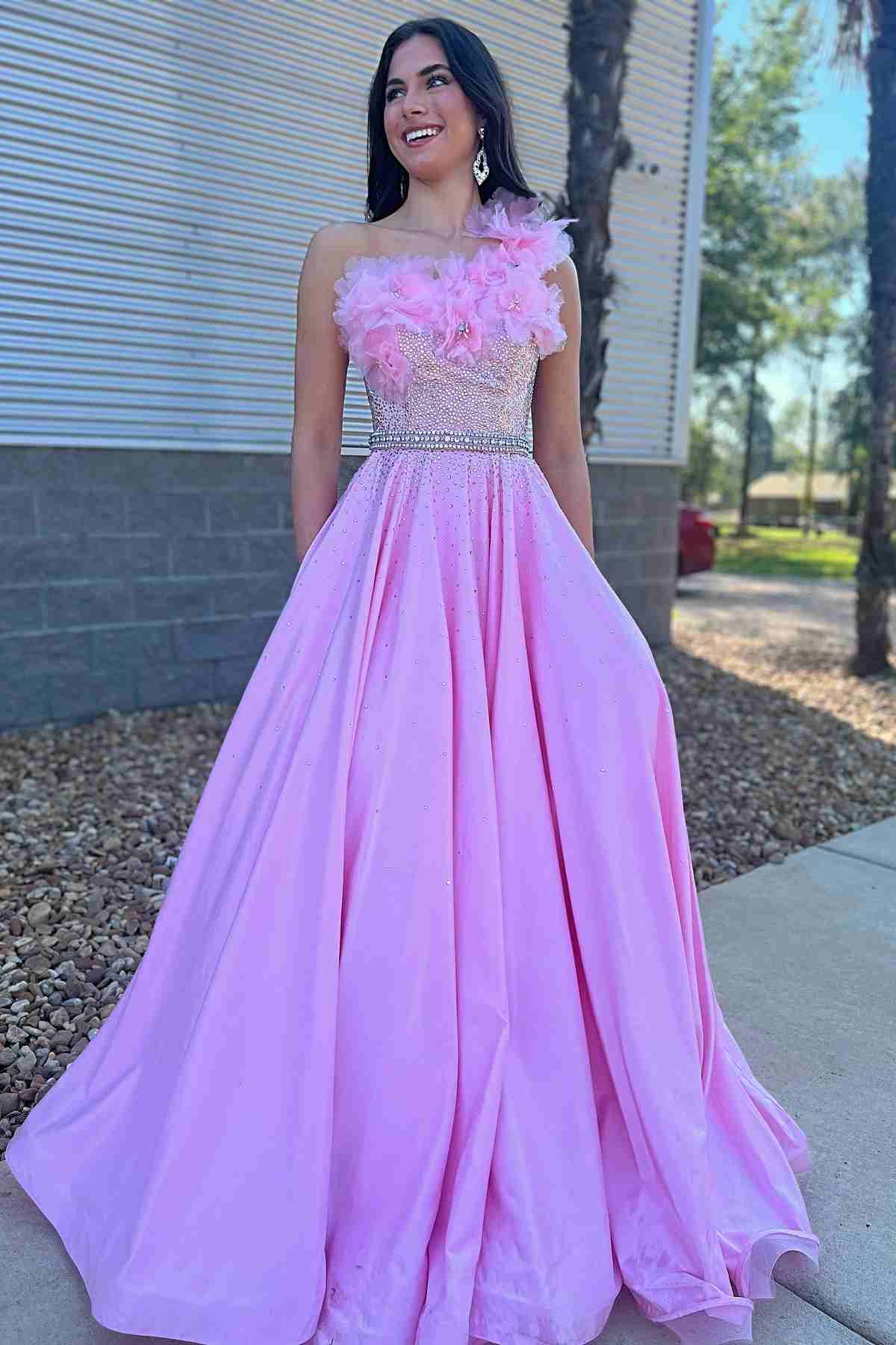 Cute A Line Strapless Pink Satin Long Prom Dresses With Flowers – Anniebride