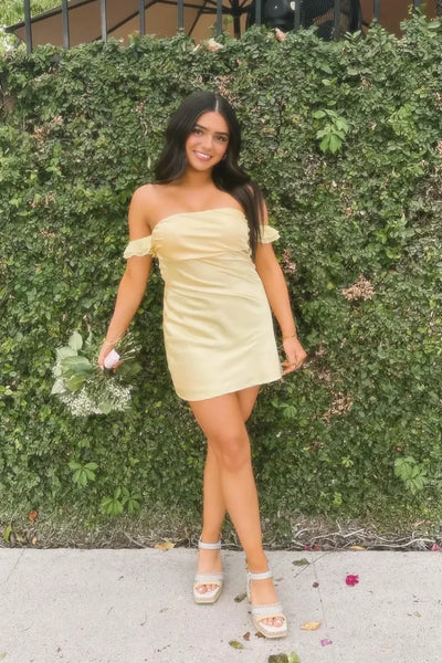 Cute Off the Shoulder Pink Satin Sheath Short Homecoming Dress
