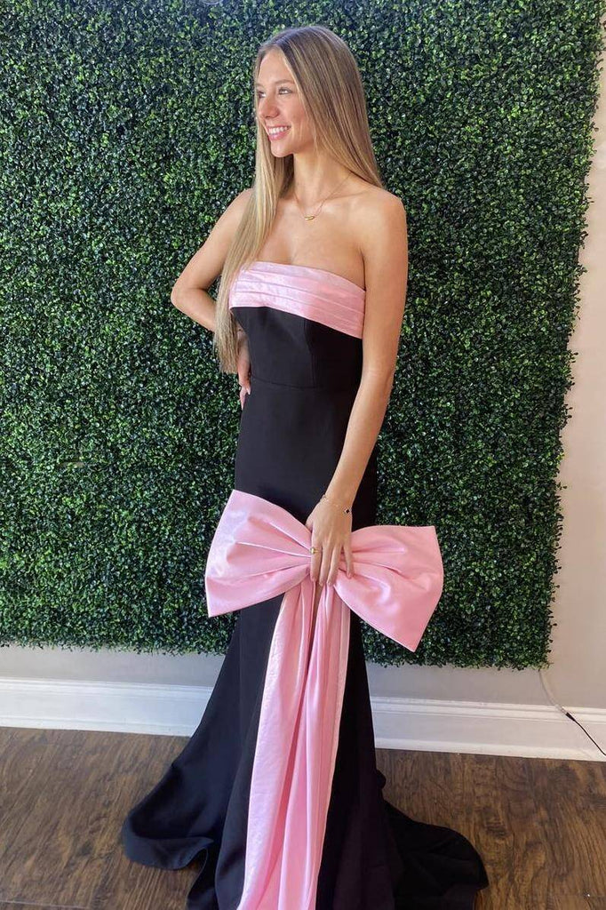black prom dress with pink bow Cute Sheath Strapless Black Long Prom Dress with Pink Bows Anniebride