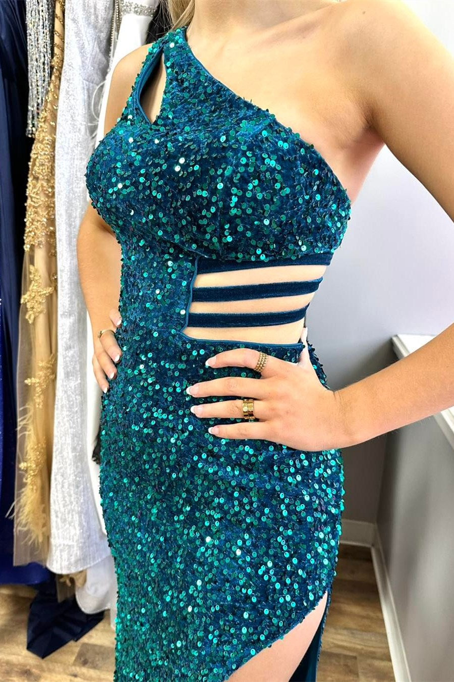 Charming One-Shoulder Turquoise Sequin Keyhole Long Prom Dress with Sl Anniebride Charming One-Shoulder Turquoise Sequin Keyhole Long Prom Dress with Sl Anniebride