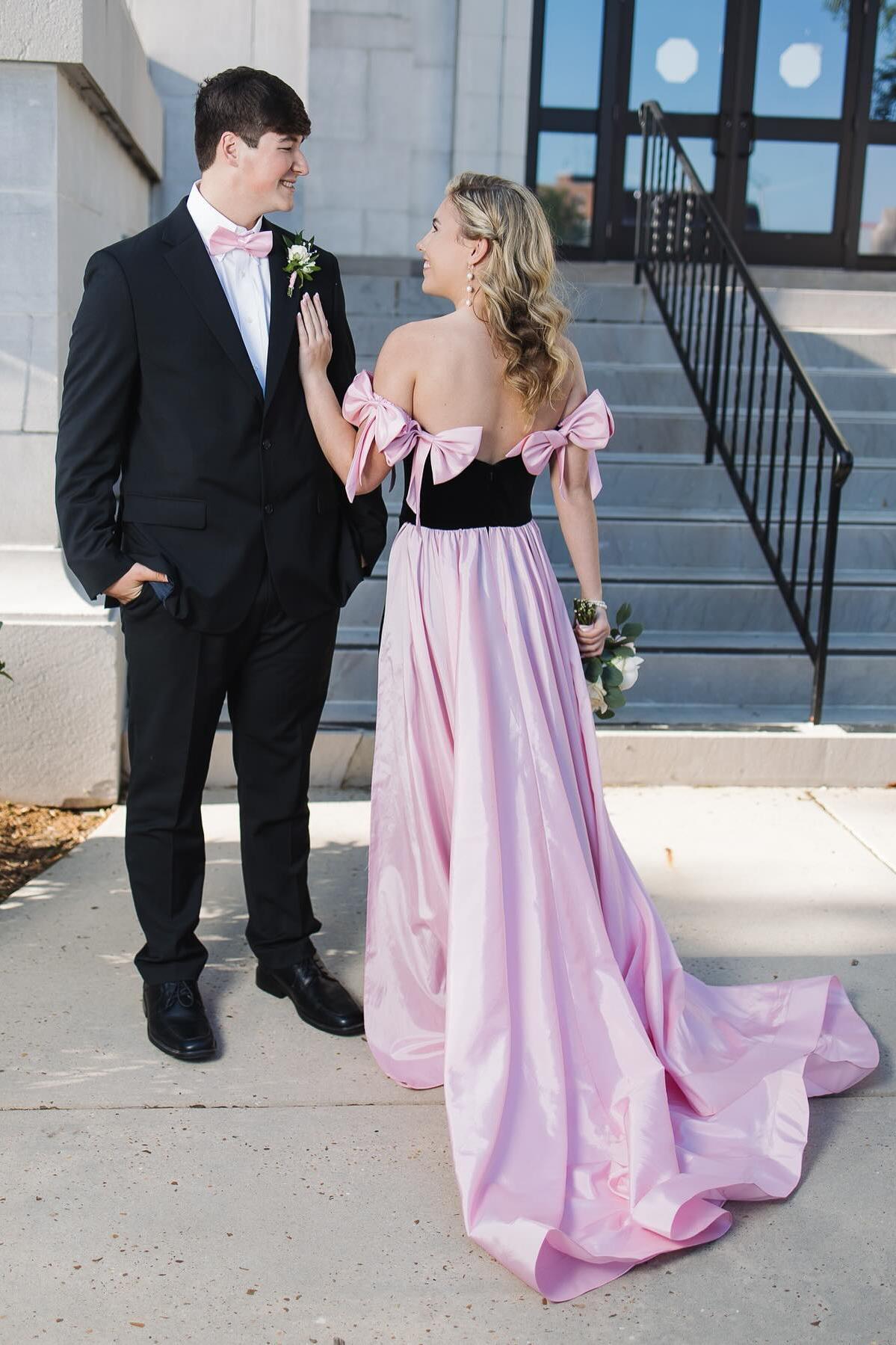 Cute Sheath Strapless Black Long Prom Dress with Pink Bows  Anniebride