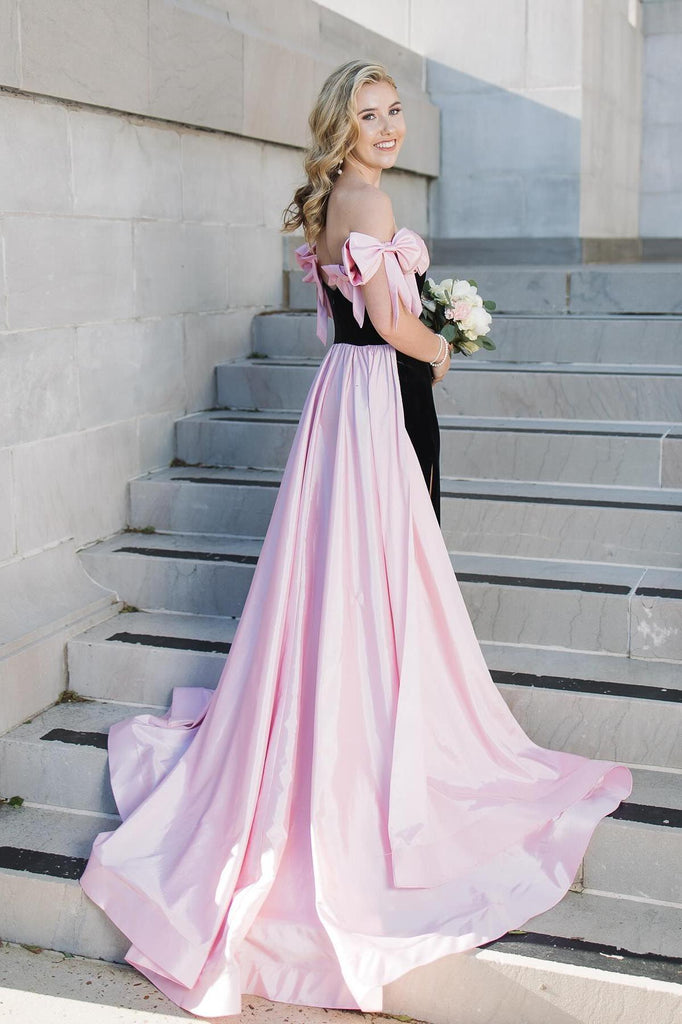 Cute Sheath Strapless Black Long Prom Dress with Pink Bows Anniebride Cute Sheath Strapless Black Long Prom Dress with Pink Bows Anniebride