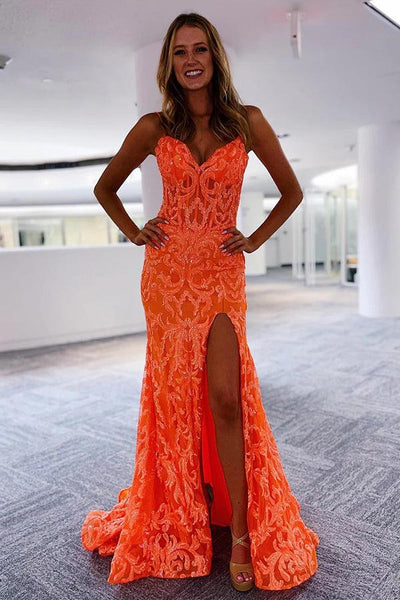 Gorgeous Mermaid Orange Sequins Lace Long Prom Dresses with Side Slit AB061801