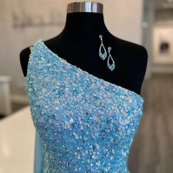 Sparkly Mermaid One Shoulder Blue Sequins Prom Dresses with Slit AB110904