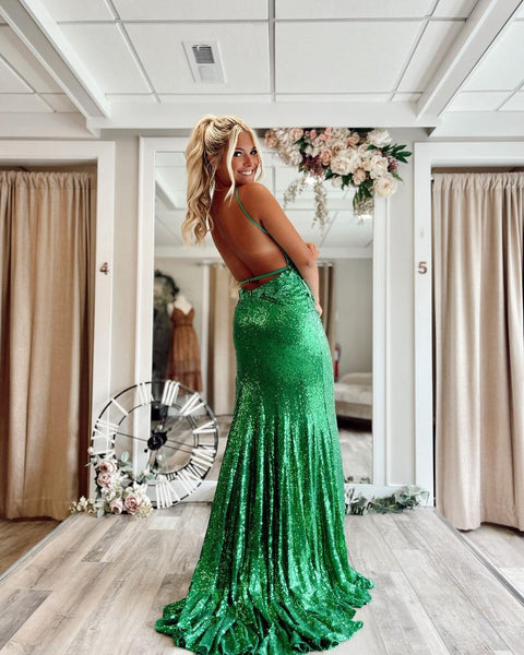 Cute Mermaid V Neck Green Sequins Prom Dresses with Appliques AB10601