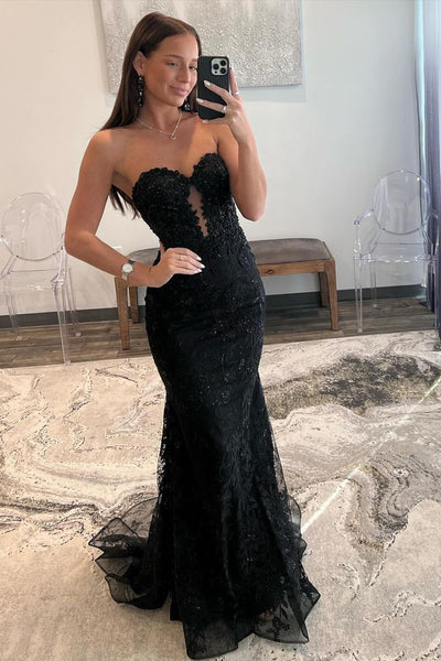 Charming Mermaid Sweetheart Black Lace Prom Dresses with Beading AB111801