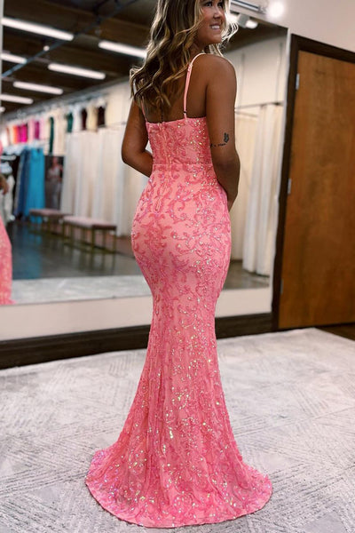 Cute Mermaid Straps Coral Sequins Long Prom Dresses AB100702