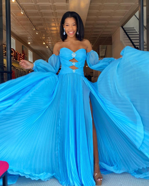 2023 Charming A Line Off the Shoulder Long Sleeves Blue Chiffon Prom Dresses with Slit AB101501