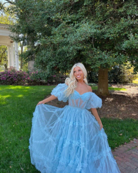 Charming A Line Off the Shoulder Blue Tulle Prom Dresses AB101903
