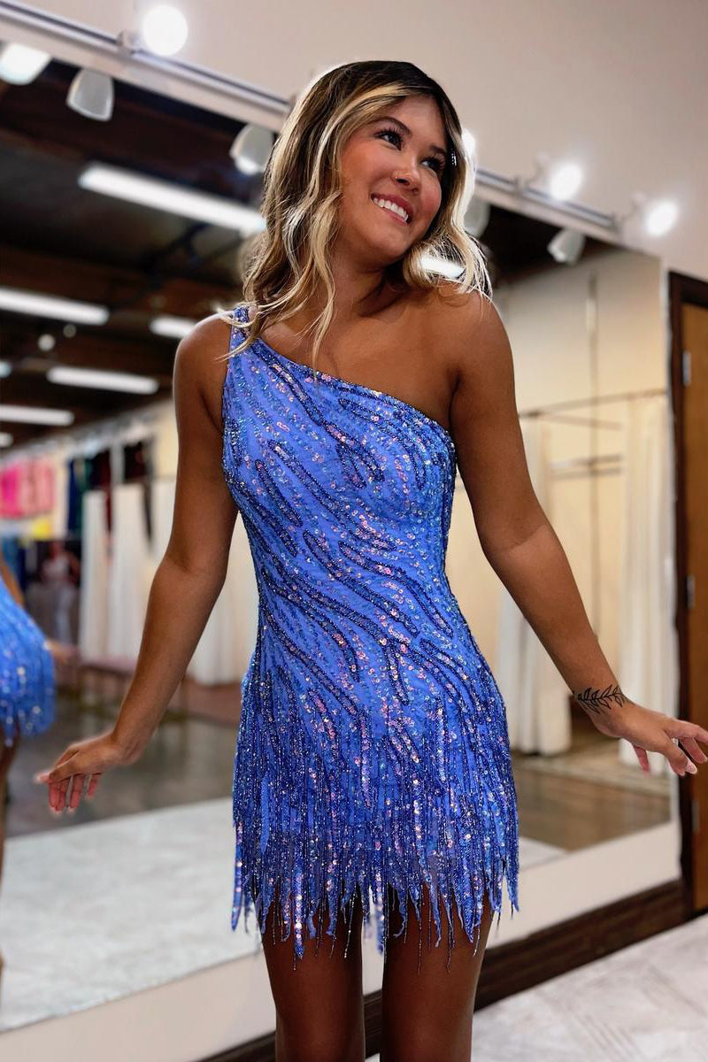 Cute Bodycon One Shoulder Blue Sequins Short Homecoming Dress with Beading AB4021002