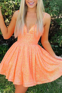 Cute A Line V Neck Orange Sequins Short Homecoming Dresses ABHC061829