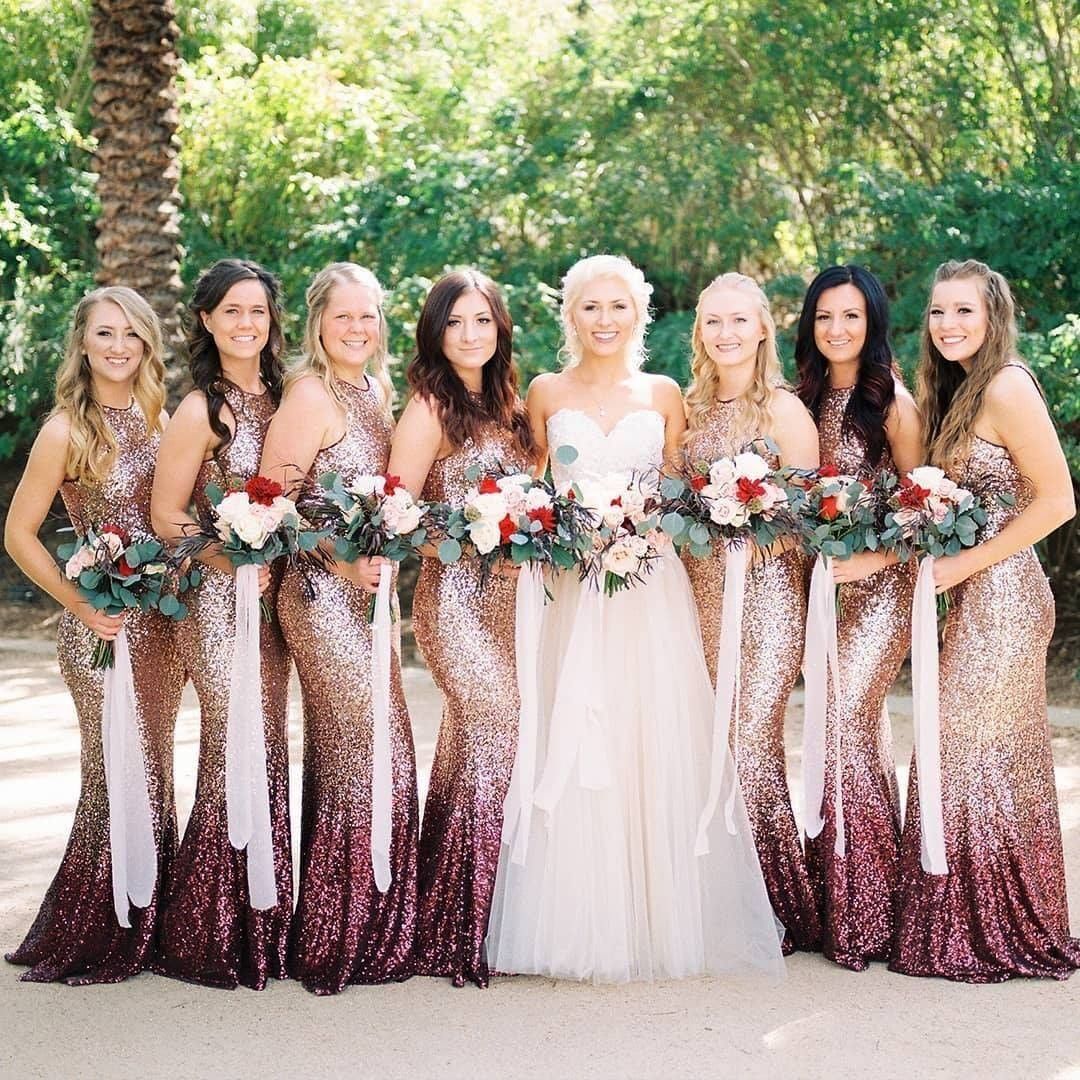 Fashion Mermaid Round Neck Rose Gold Burgundy Sequins Long Bridesmaid Dresses AB100809