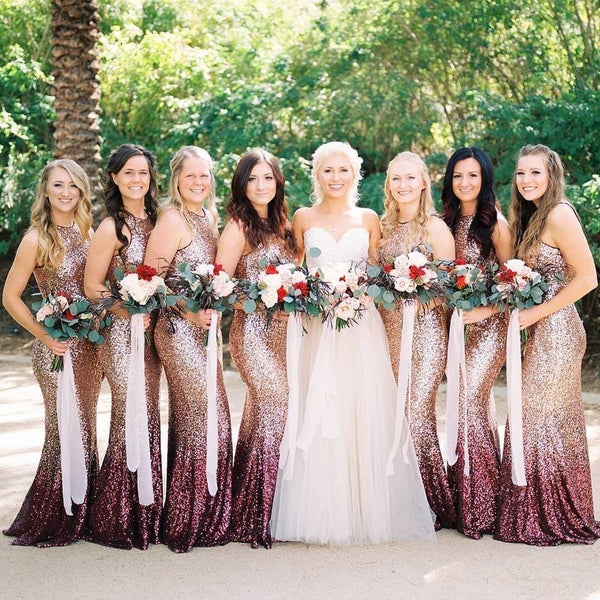 Fashion Mermaid Round Neck Rose Gold Burgundy Sequins Long Bridesmaid Dresses AB100809