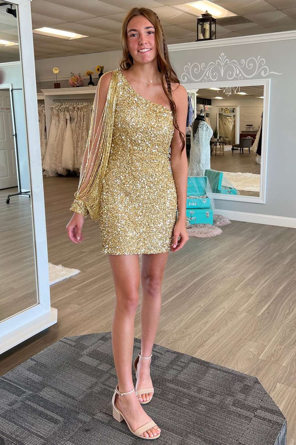 Sparkly One Shoulder Gold Sequins Short Homecoming Dresses with Beading AB090803